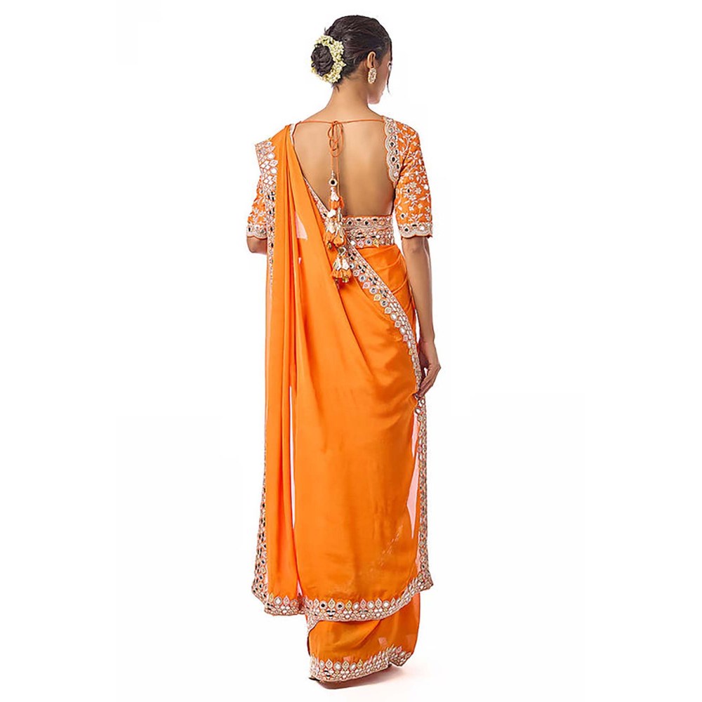 Gopi Vaid Meili Orange Embroidered Aree with Stitched Blouse
