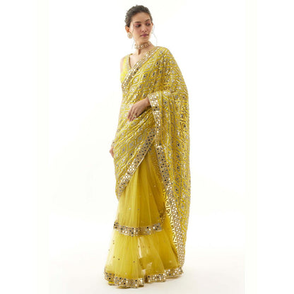 Gopi Vaid Mirai Yellow Embroidered Saree with Stitched Blouse