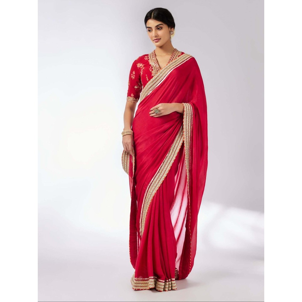 Gopi Vaid Anisha Red Embroidered Aree with Stitched Blouse