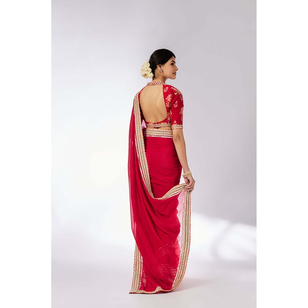 Gopi Vaid Anisha Red Embroidered Aree with Stitched Blouse