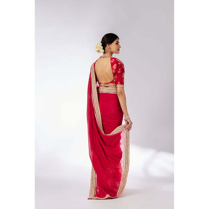 Gopi Vaid Anisha Red Embroidered Aree with Stitched Blouse