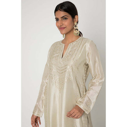 Gopi Vaid Women Cotton Silk Embroidered Kurta with Palazzo and Dupatta