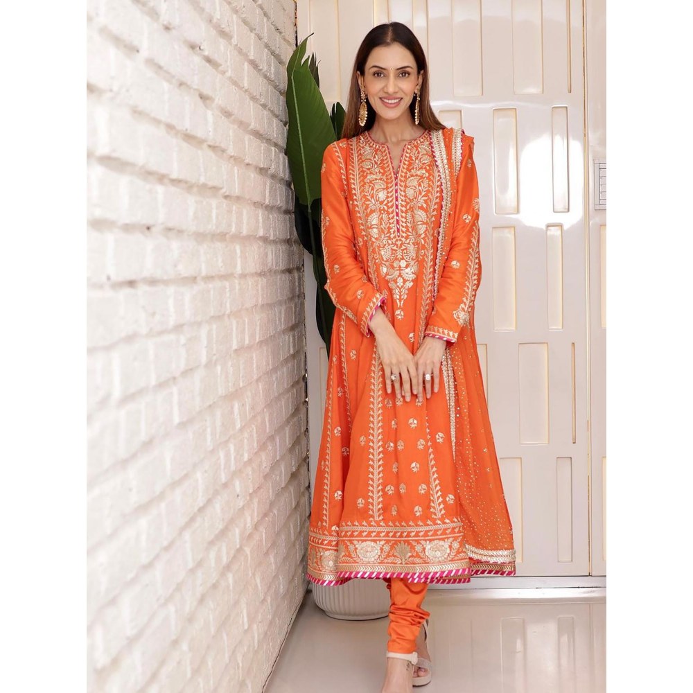 Gopi Vaid Aarohi Orange Anarkali Kurta with Churidar and Dupatta