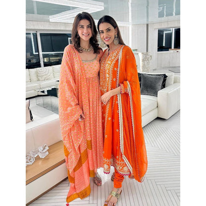 Gopi Vaid Aarohi Orange Anarkali Kurta with Churidar and Dupatta