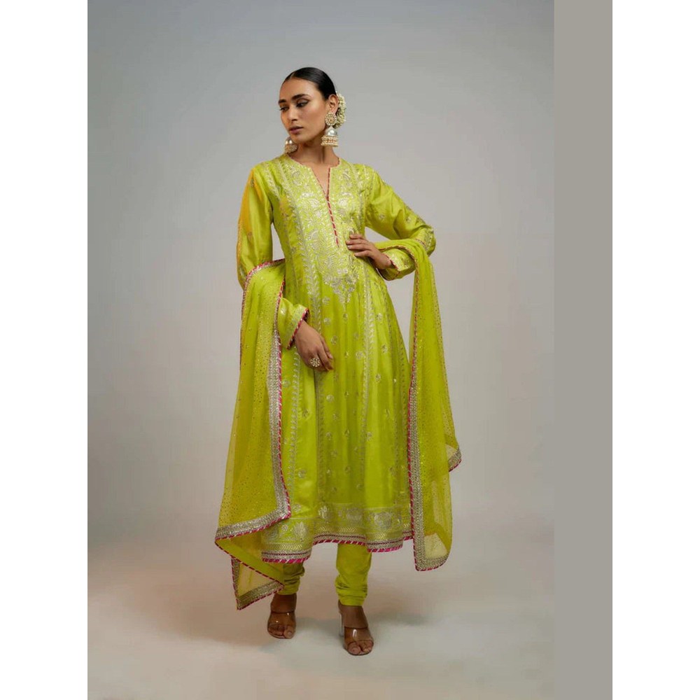 Gopi Vaid Aarohi Yellow Anarkali Kurta with Churidar and Dupatta