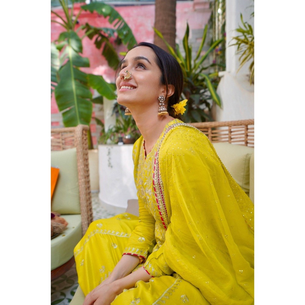 Gopi Vaid Aarohi Yellow Anarkali Kurta with Churidar and Dupatta