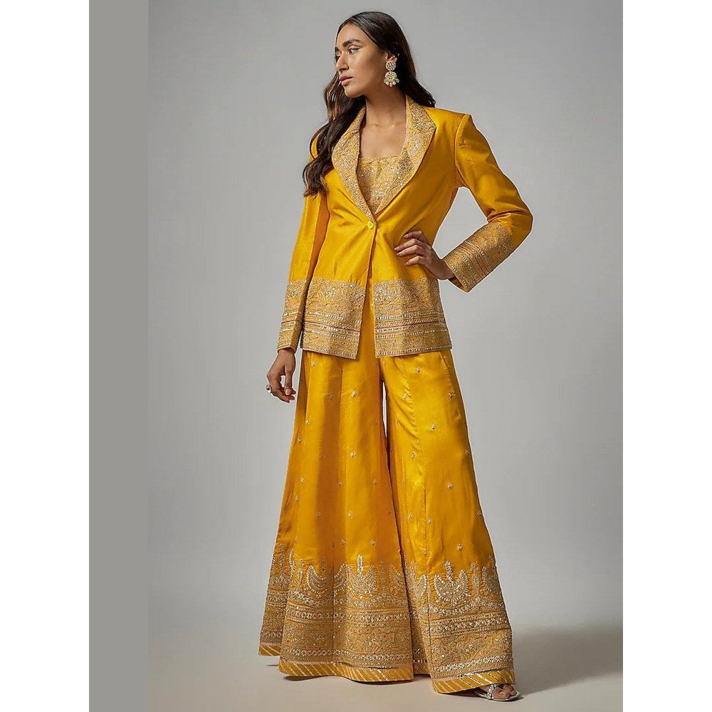 Gopi Vaid Golconda Afreen Mustard Bustier with Blazer and Sharara