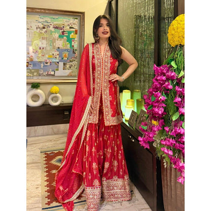 Gopi Vaid Dhriti Sleeveless Red Kurta with Sharara and Dupatta