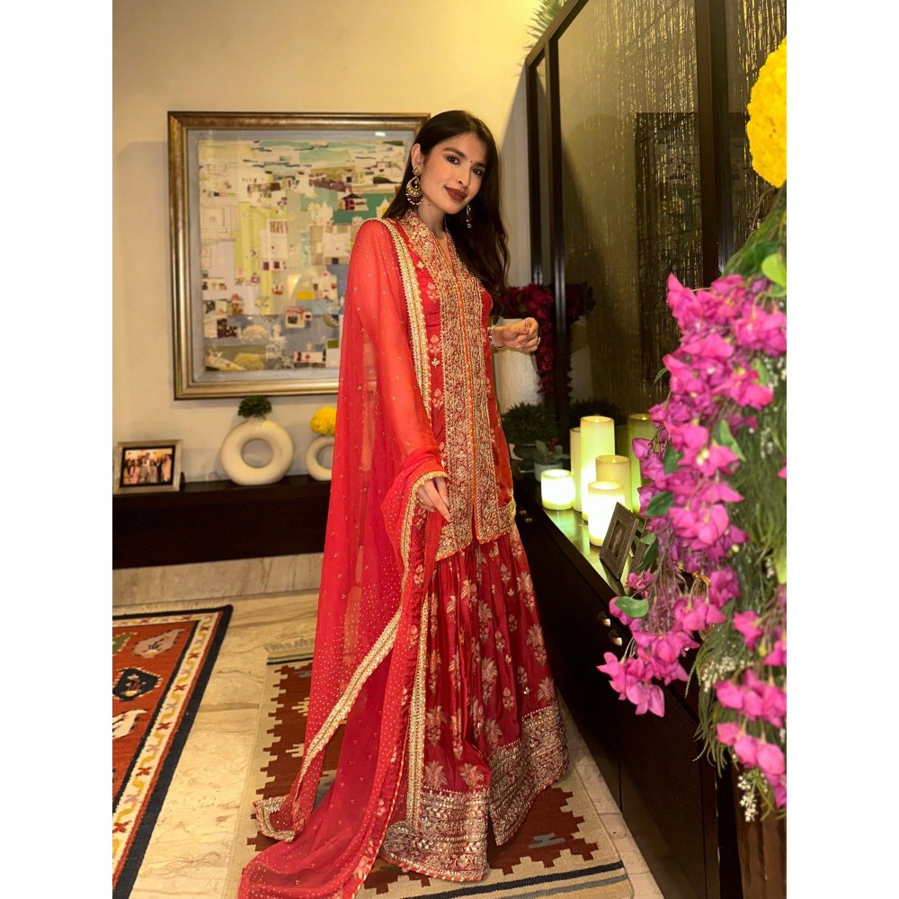 Gopi Vaid Dhriti Sleeveless Red Kurta with Sharara and Dupatta