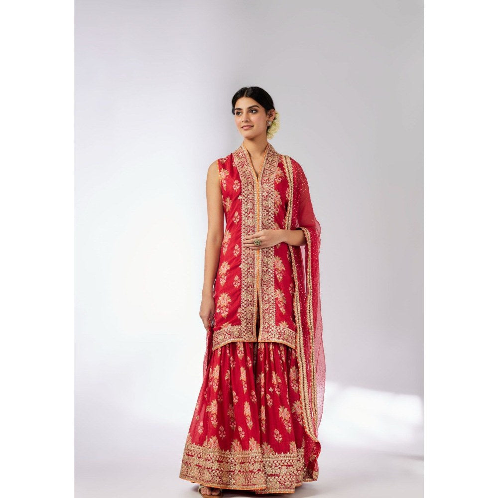 Gopi Vaid Dhriti Sleeveless Red Kurta with Sharara and Dupatta