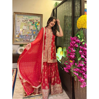 Gopi Vaid Dhriti Sleeveless Red Kurta with Sharara and Dupatta