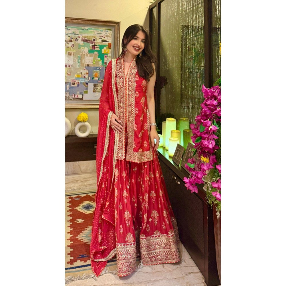 Gopi Vaid Dhriti Sleeveless Red Kurta with Sharara and Dupatta