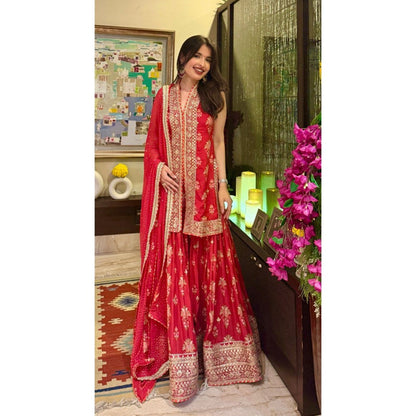 Gopi Vaid Dhriti Sleeveless Red Kurta with Sharara and Dupatta
