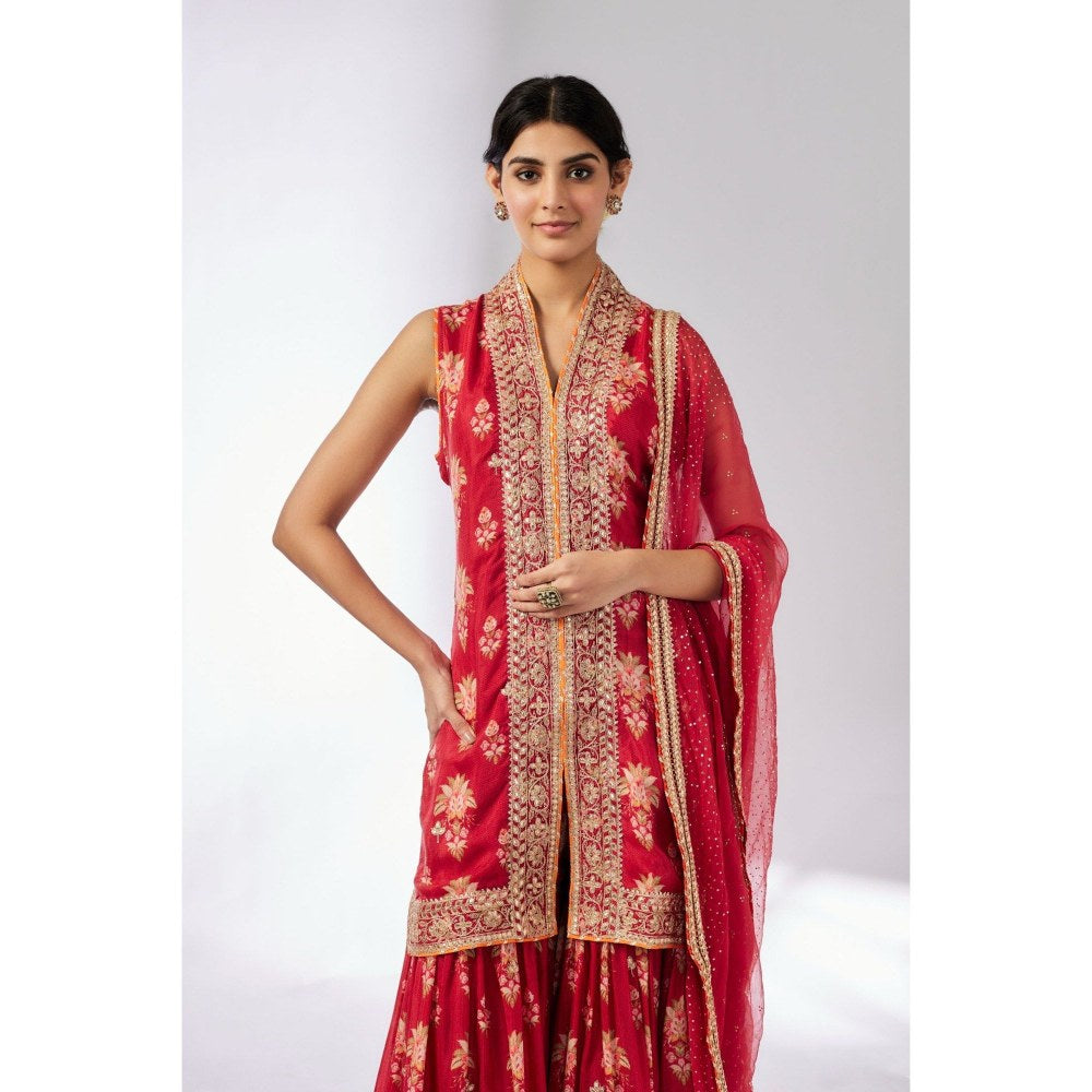 Gopi Vaid Dhriti Sleeveless Red Kurta with Sharara and Dupatta