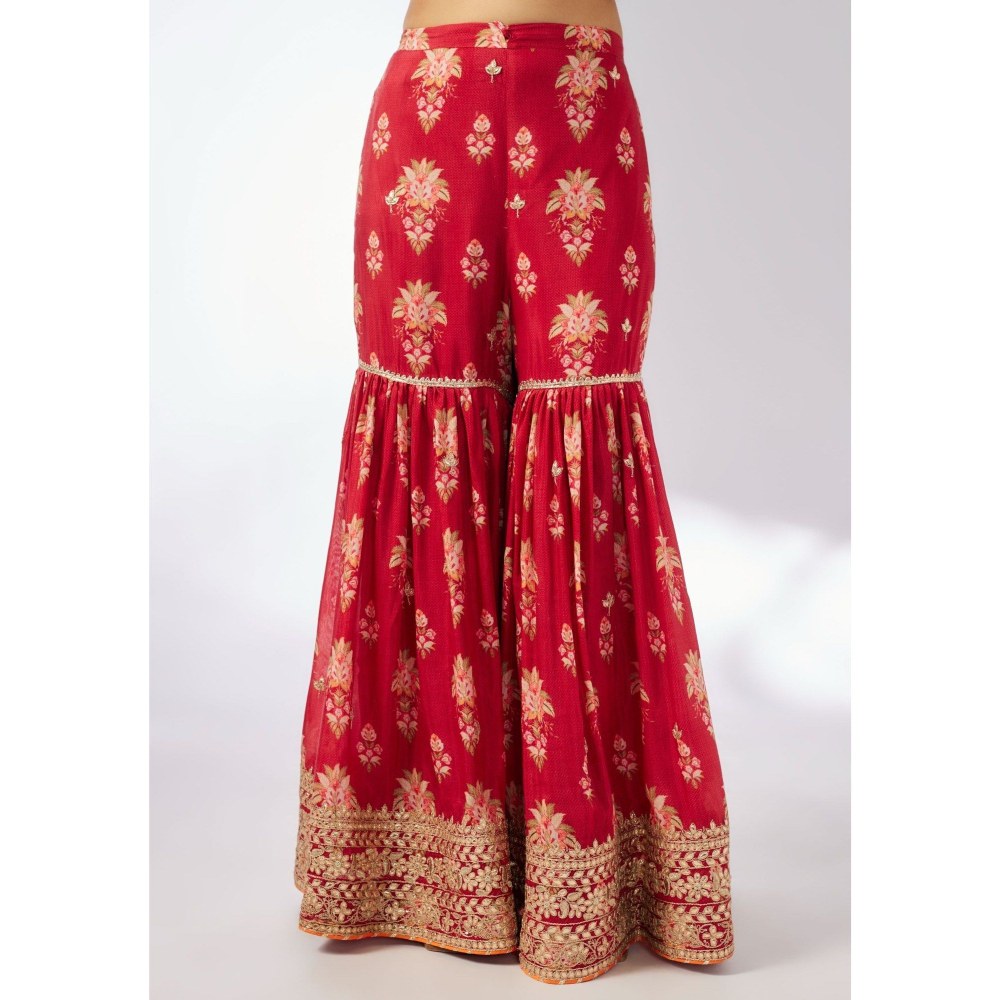 Gopi Vaid Dhriti Sleeveless Red Kurta with Sharara and Dupatta