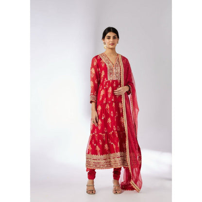 Gopi Vaid Joshna Tiered Red Anarkali Kurta with Churidar and Dupatta