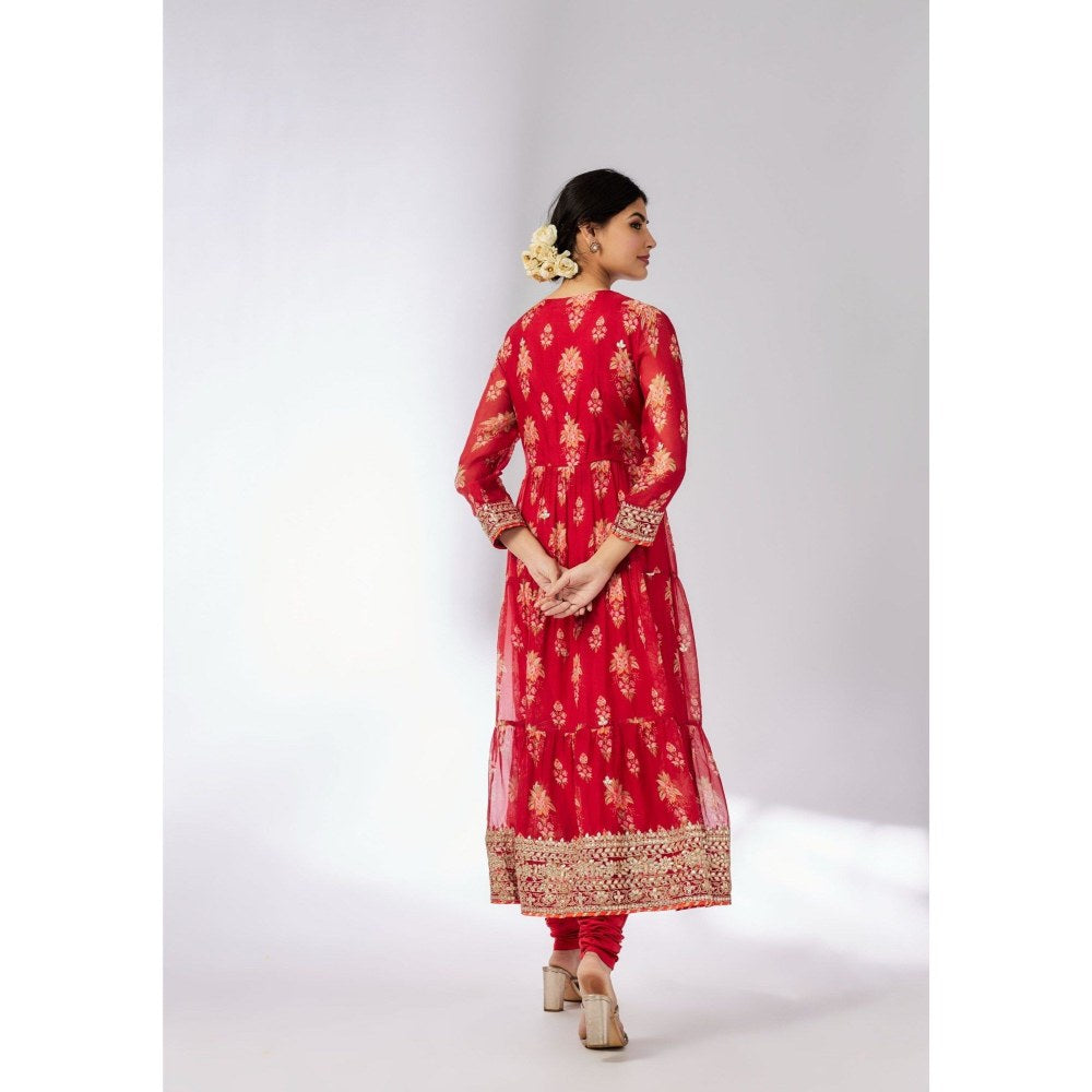 Gopi Vaid Joshna Tiered Red Anarkali Kurta with Churidar and Dupatta