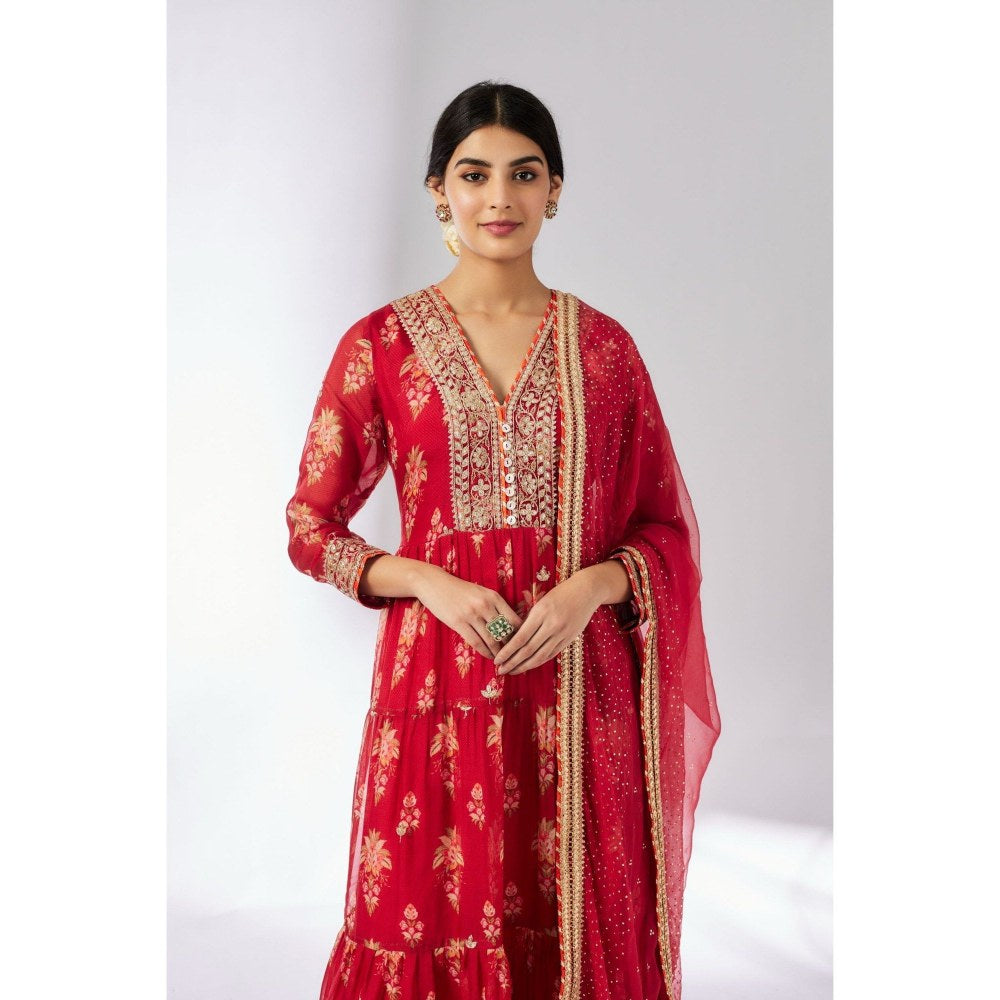Gopi Vaid Joshna Tiered Red Anarkali Kurta with Churidar and Dupatta