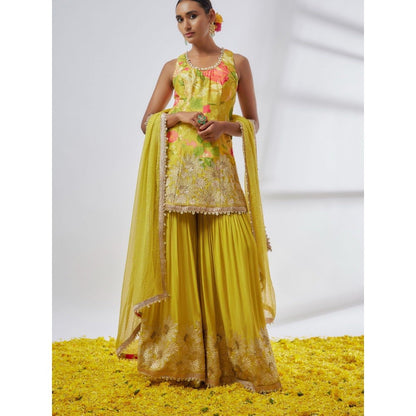 Gopi Vaid Kalki Sleeveless Yellow Kurta with Sharara and Dupatta