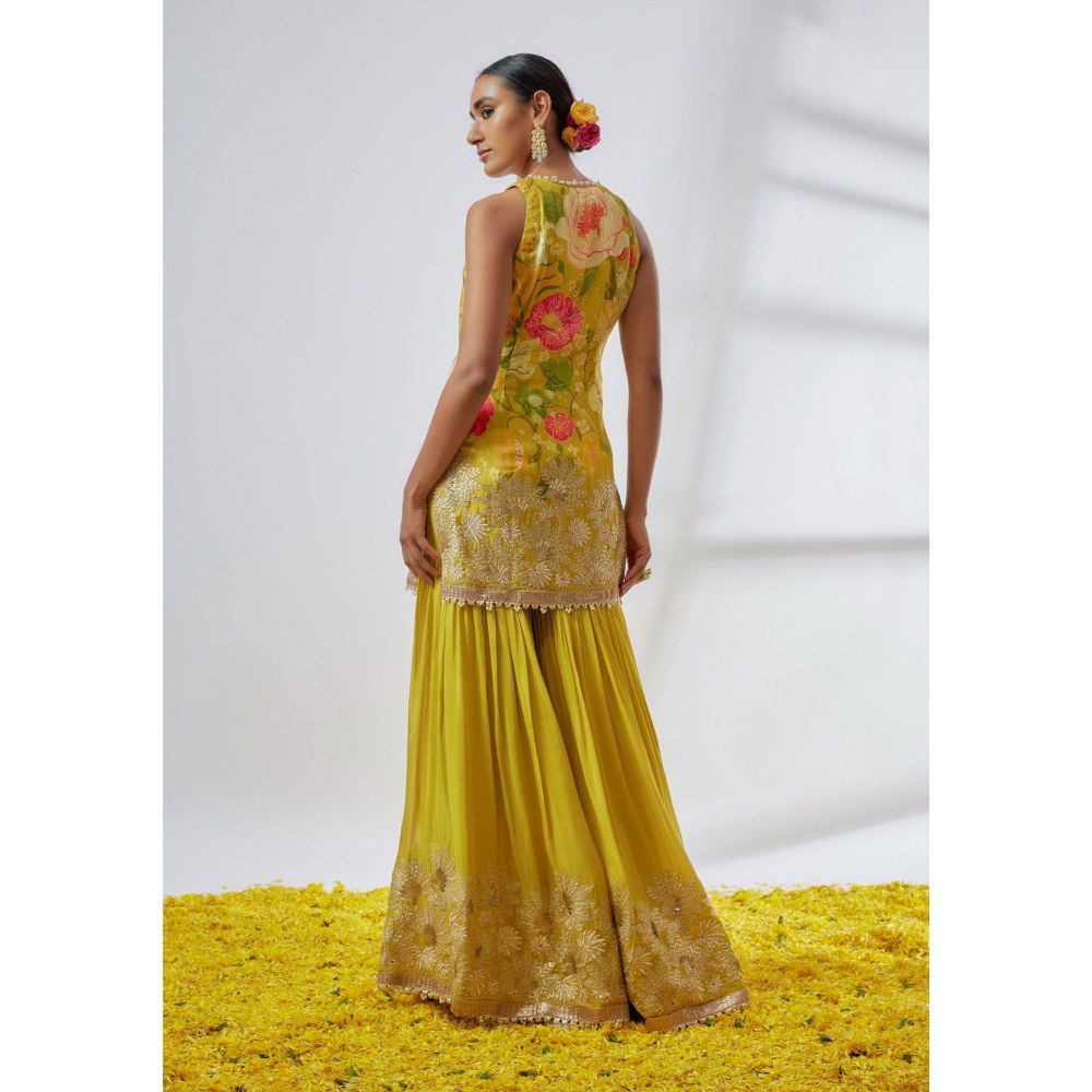 Gopi Vaid Kalki Sleeveless Yellow Kurta with Sharara and Dupatta