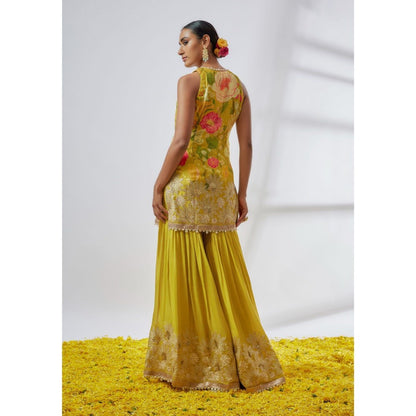 Gopi Vaid Kalki Sleeveless Yellow Kurta with Sharara and Dupatta