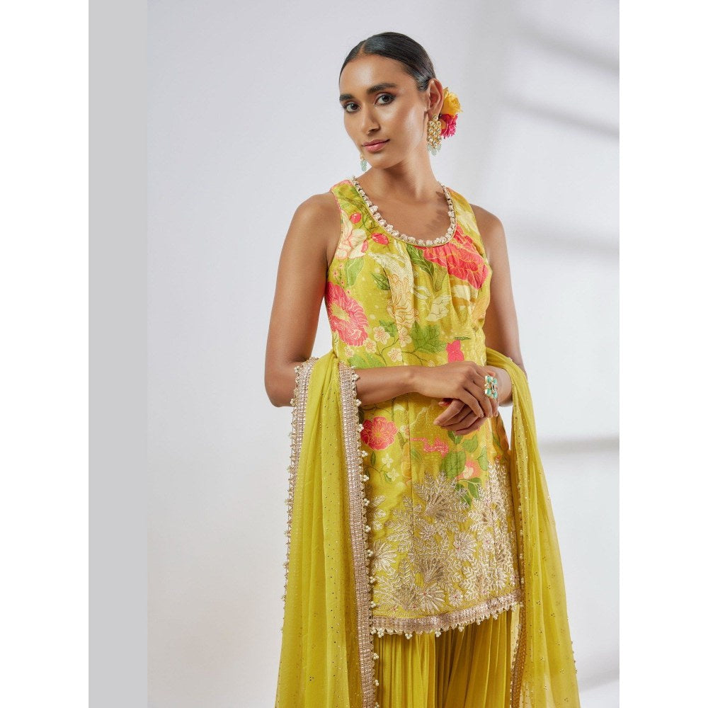 Gopi Vaid Kalki Sleeveless Yellow Kurta with Sharara and Dupatta