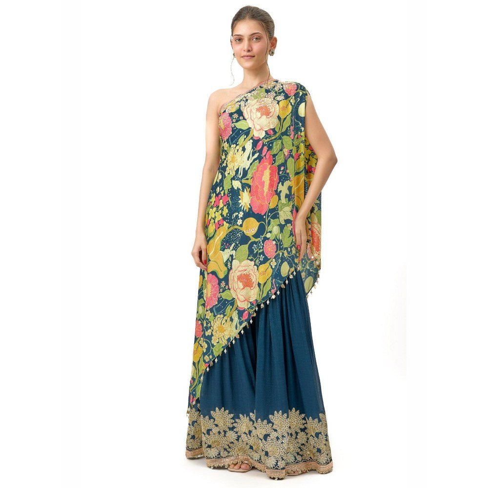 Gopi Vaid Nupur One-Shoulder Blue Top with Sharara