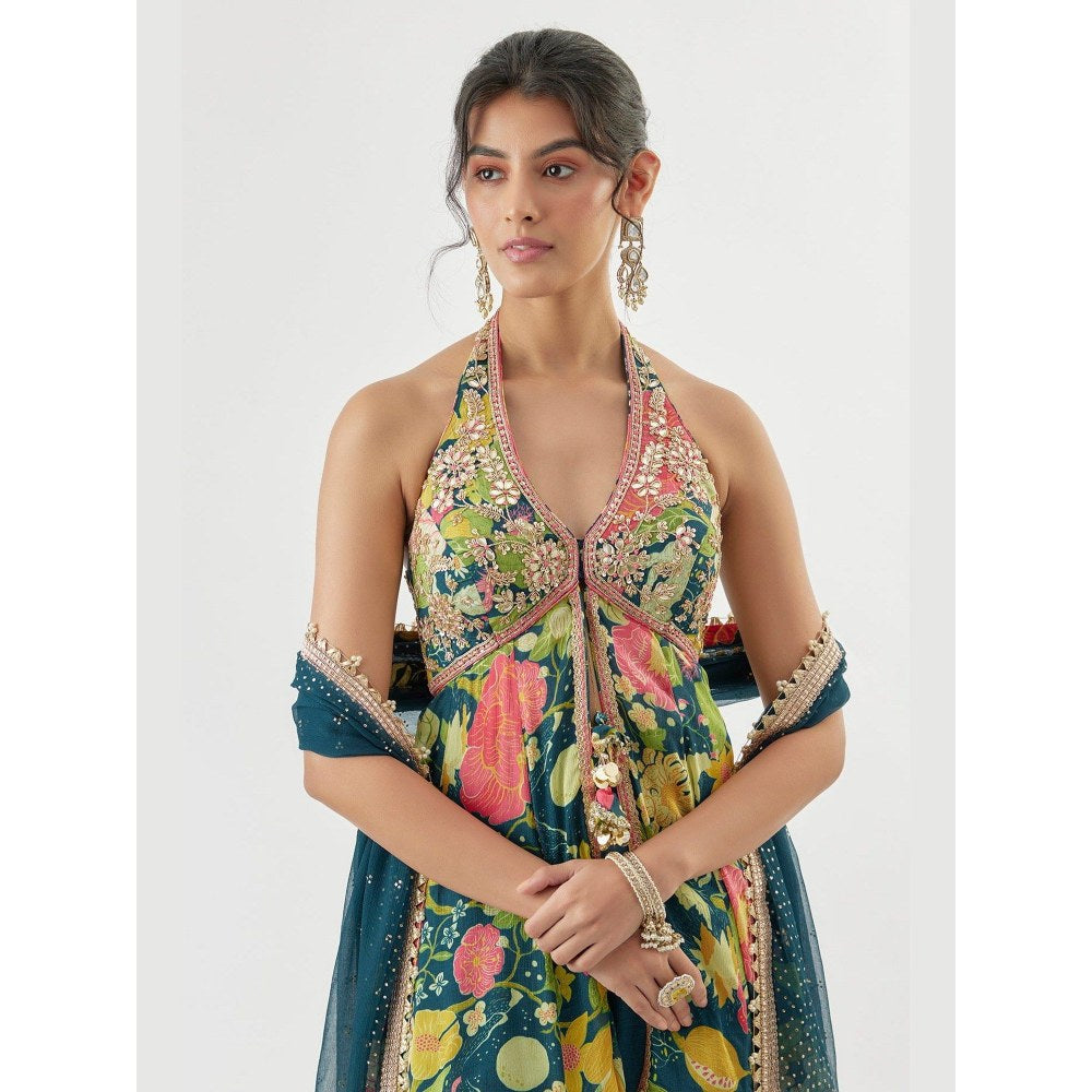 Gopi Vaid Akshara Blue Top with Palazzo and Dupatta