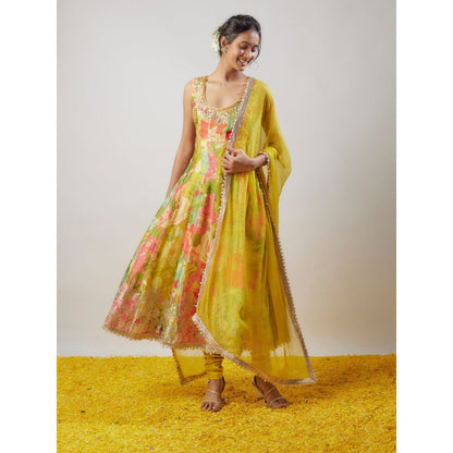 Gopi Vaid Krisha Yellow Anarkali Kurta with Churidar and Dupatta