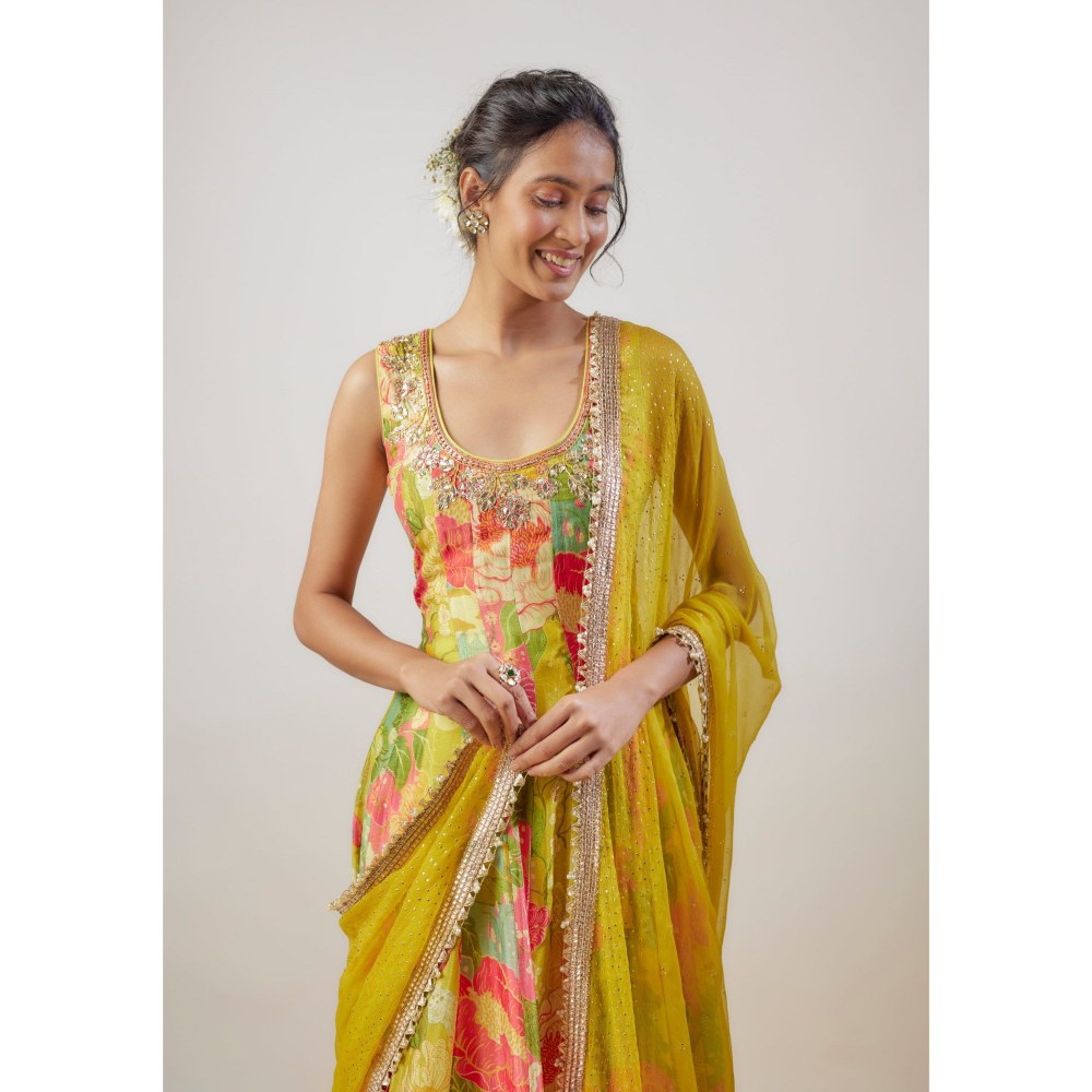 Gopi Vaid Krisha Yellow Anarkali Kurta with Churidar and Dupatta