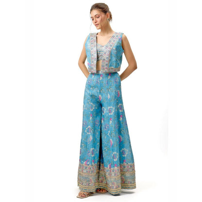 Gopi Vaid Tanisha Blue Crop Top with Palazzo and Jacket