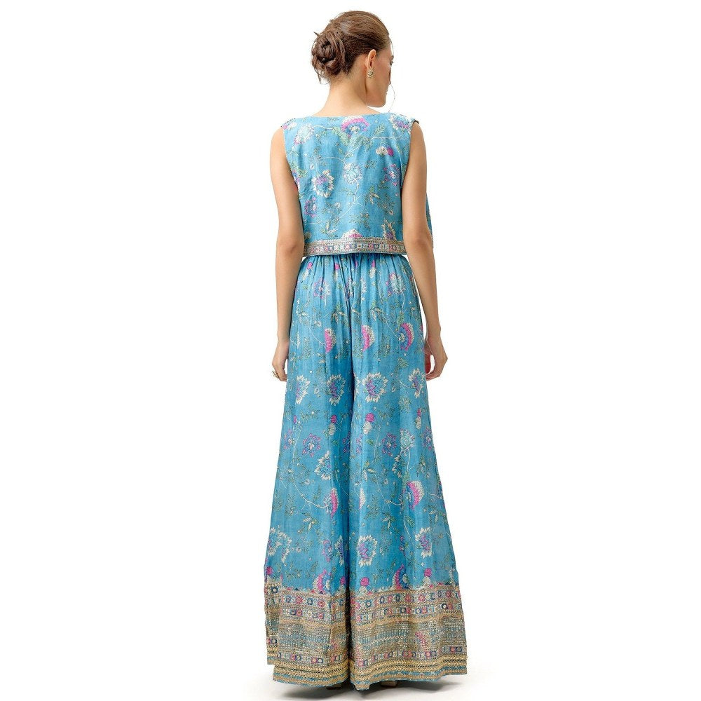 Gopi Vaid Tanisha Blue Crop Top with Palazzo and Jacket