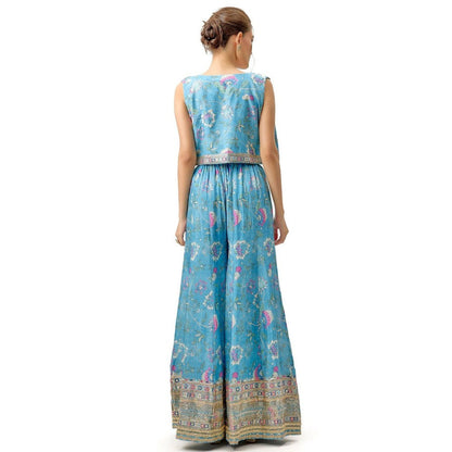 Gopi Vaid Tanisha Blue Crop Top with Palazzo and Jacket