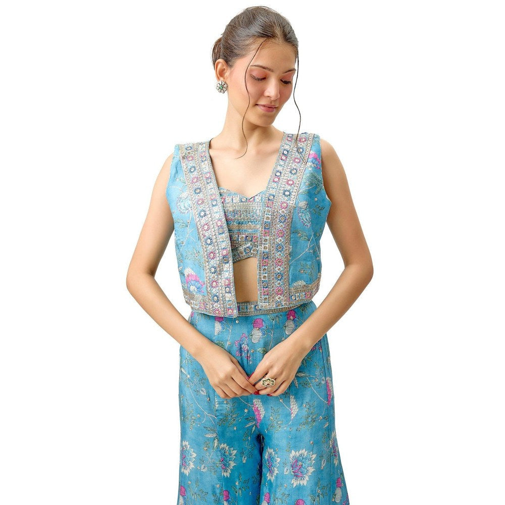 Gopi Vaid Tanisha Blue Crop Top with Palazzo and Jacket