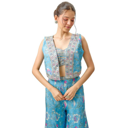 Gopi Vaid Tanisha Blue Crop Top with Palazzo and Jacket