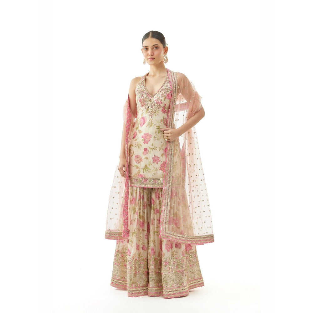 Gopi Vaid Dhvanika Halter Ivory Kurti with Sharara and Dupatta