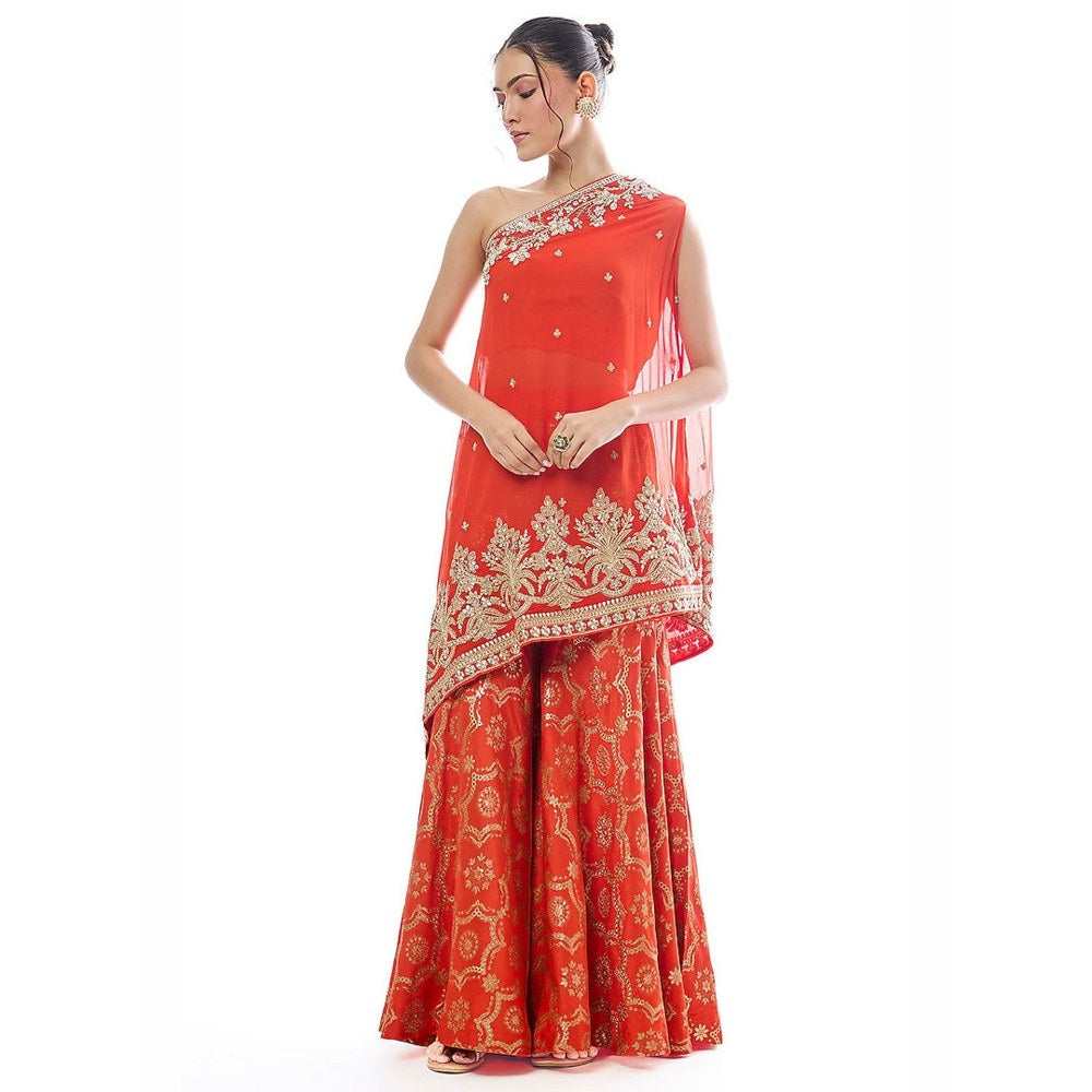 Gopi Vaid Areesha One Shoulder Orange Top with Sharara