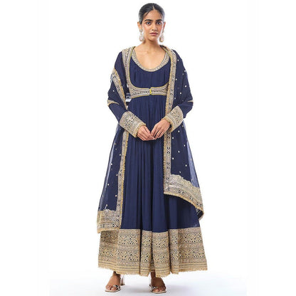 Gopi Vaid Afsa Navy Blue Anarkali Kurta Churidar with Jacket and Dupatta