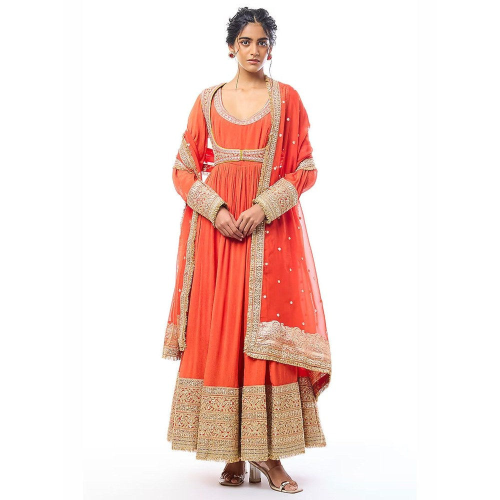 Gopi Vaid Afsa Orange Anarkali Kurta Churidar with Jacket and Dupatta