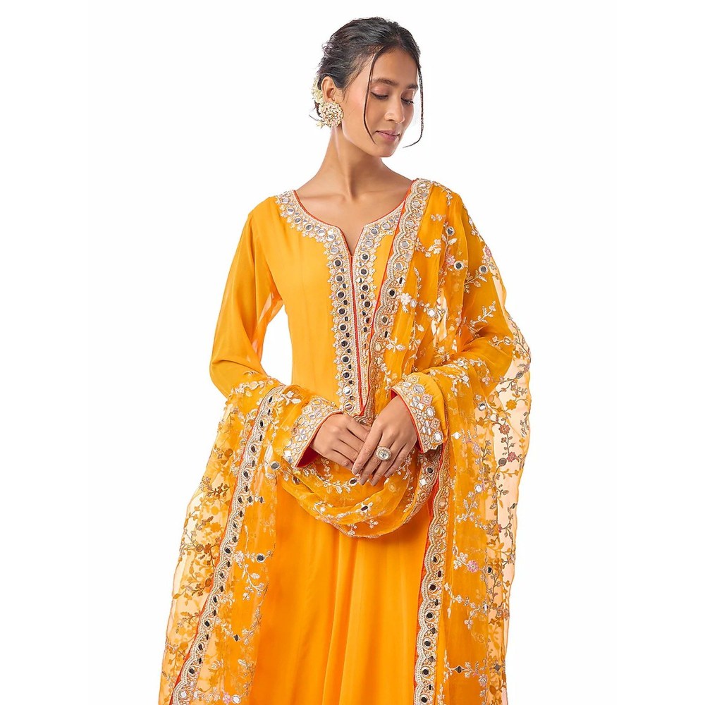 Gopi Vaid Arushi Yellow Anarkali Kurta with Pant and Dupatta