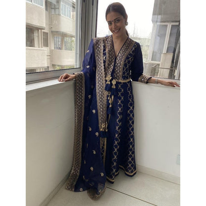 Gopi Vaid Nisha Aggarwal In Marigold Navy Blue Anarkali Kurta with Churidar and Dupatta