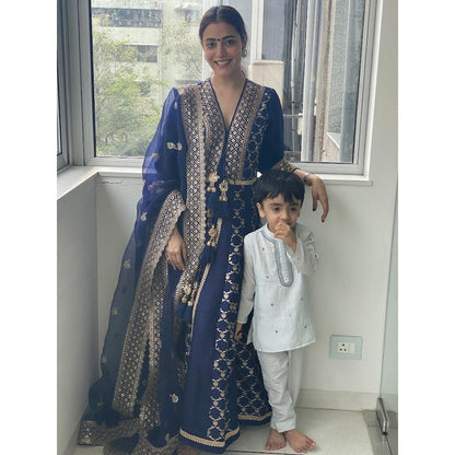 Gopi Vaid Nisha Aggarwal In Marigold Navy Blue Anarkali Kurta with Churidar and Dupatta