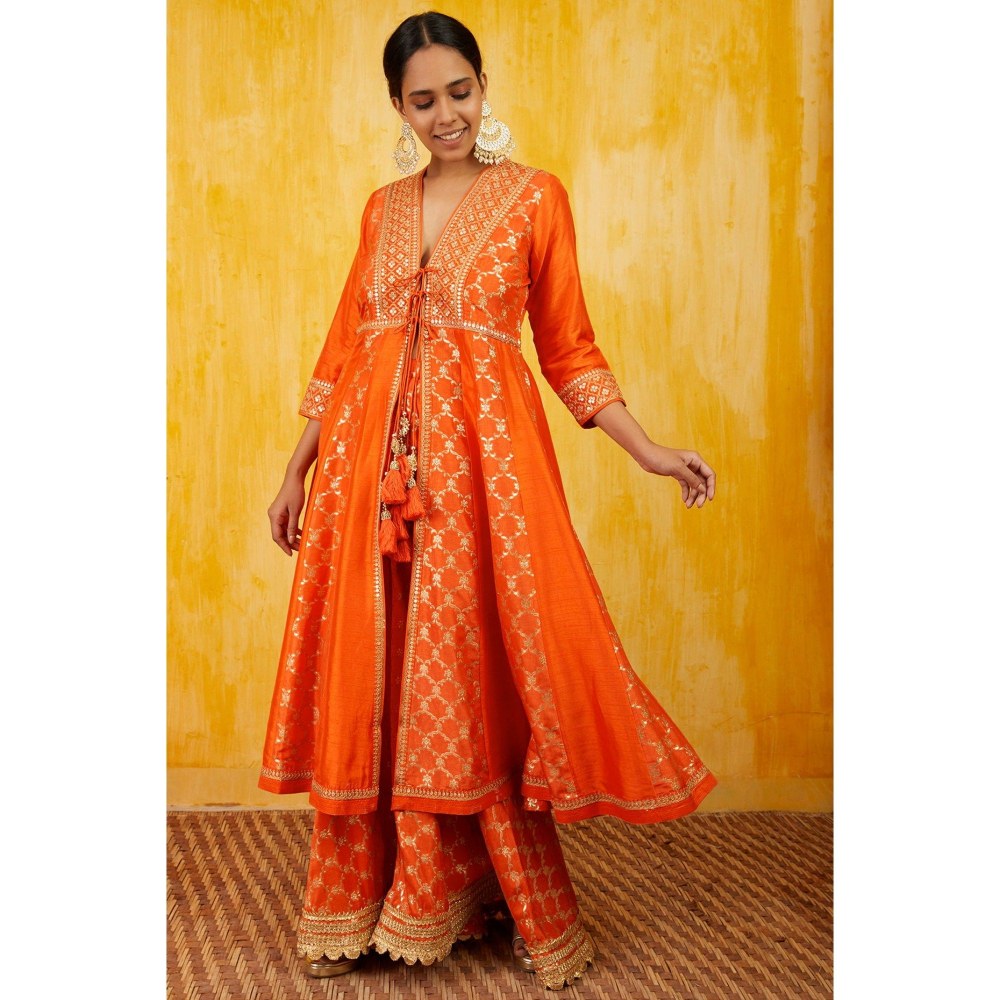 Gopi Vaid Marigold Brocade Orange Anarkali Jacket with Sharara