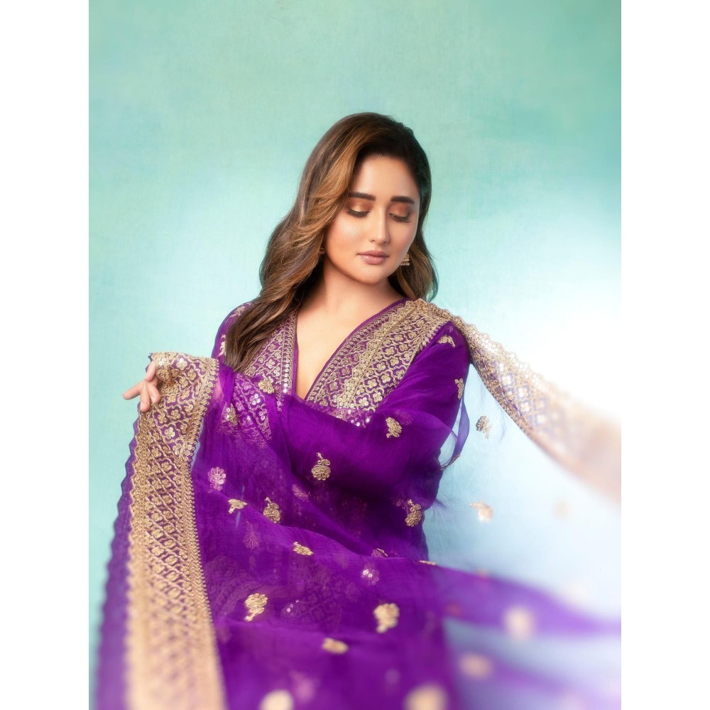 Gopi Vaid Rashmi Desai In Marigold Purple Top with Sharara and Dupatta