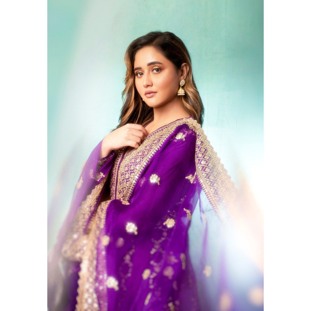 Gopi Vaid Rashmi Desai In Marigold Purple Top with Sharara and Dupatta