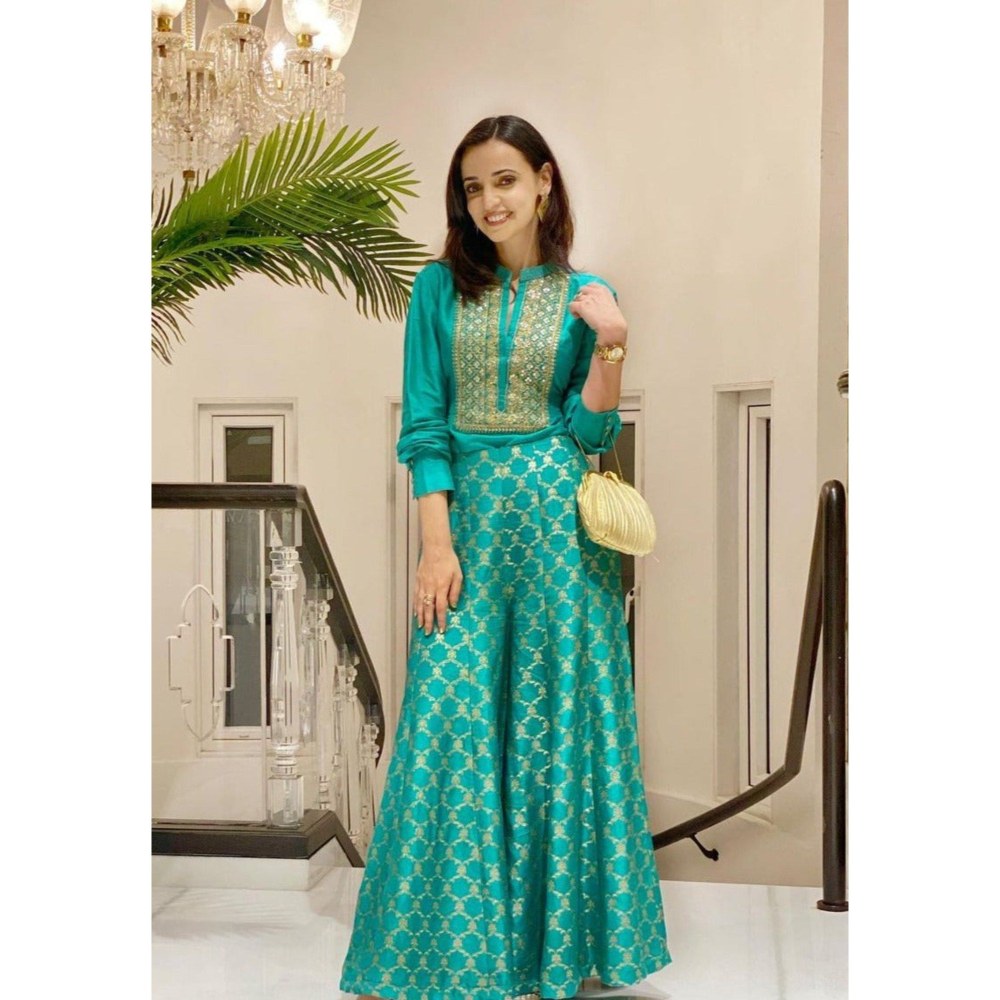 Gopi Vaid Marigold Brocade Aqua Shirt with Palazzo