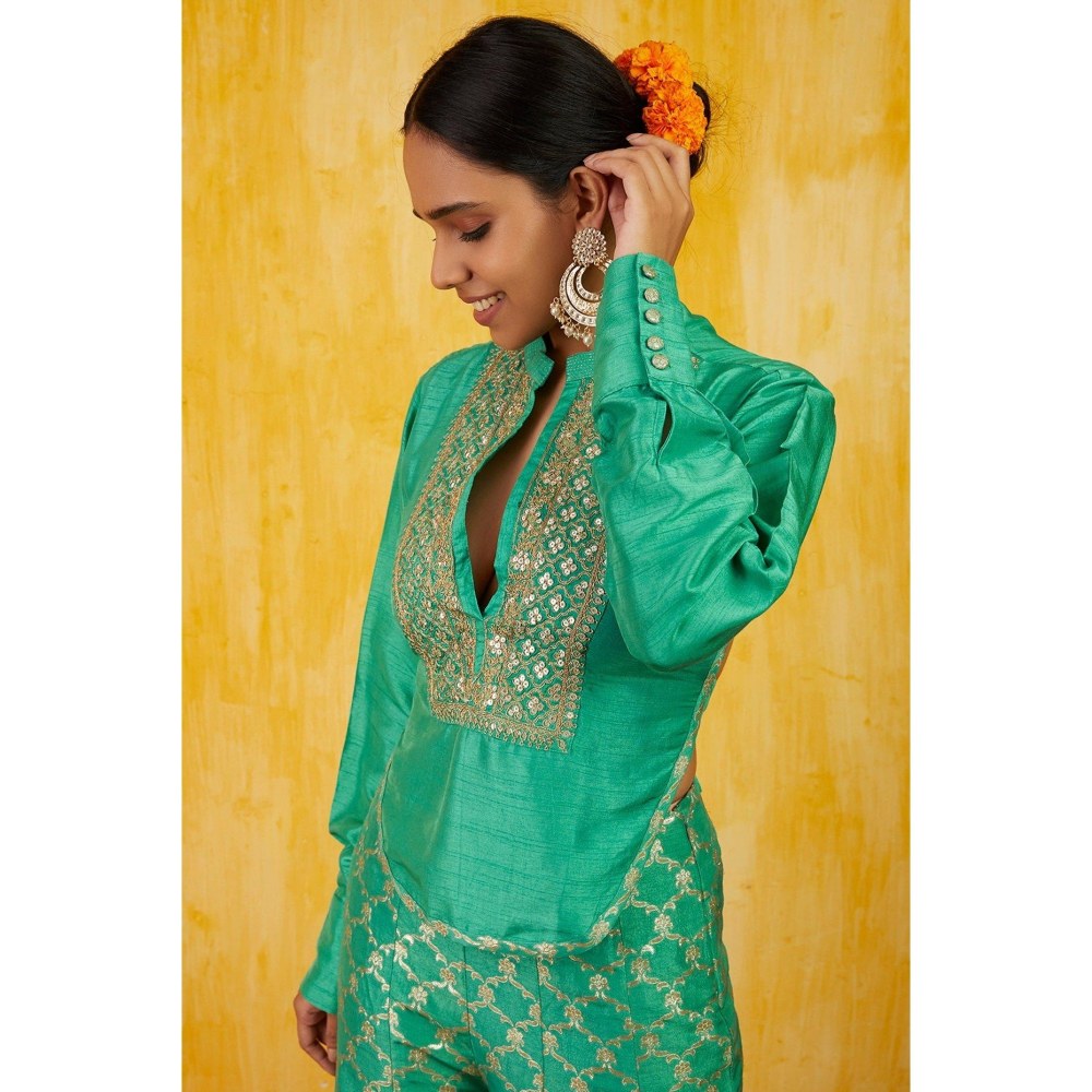 Gopi Vaid Marigold Brocade Aqua Shirt with Palazzo