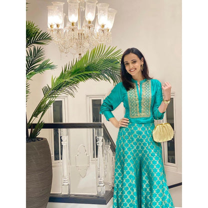 Gopi Vaid Marigold Brocade Aqua Shirt with Palazzo