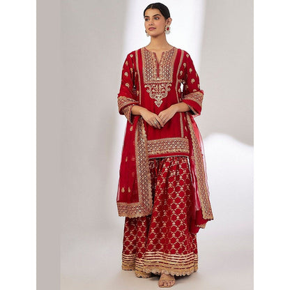 Gopi Vaid Marigold Brocade Red Kurta with Sharara and Dupatta