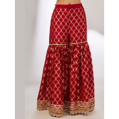 Gopi Vaid Marigold Brocade Red Kurta with Sharara and Dupatta